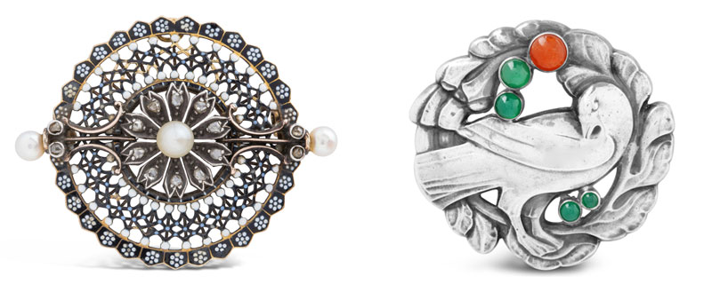 Left: Silver and gold brooch with pearls and diamonds by Carlo Giuliano (circa 1870s); right: silver and coloured gem brooch by GeorgJensen. Photos courtesy Dupuis Fine Jewellery Auctioneers