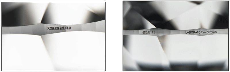 Photo ©GIA For fraudulent inscriptions, GIA overwrites the counterfeit inscription (left) and inscribes the number of the new report issued along with the phrase ‘laboratory-grown,’ if applicable (right; obscured for confidentiality). Photo ©GIA