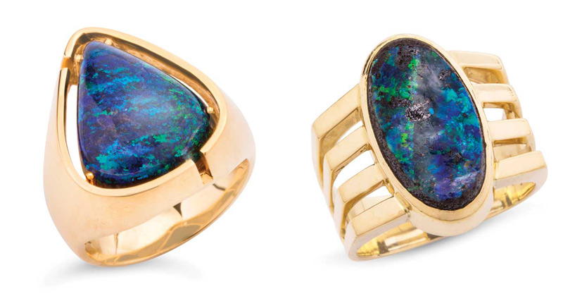Photos courtesy Dupuis Fine Jewellery Auctioneers Gold ring featuring treated opal (left) and gold ring with boulder opal (right). Photos courtesy Dupuis Fine Jewellery Auctioneers