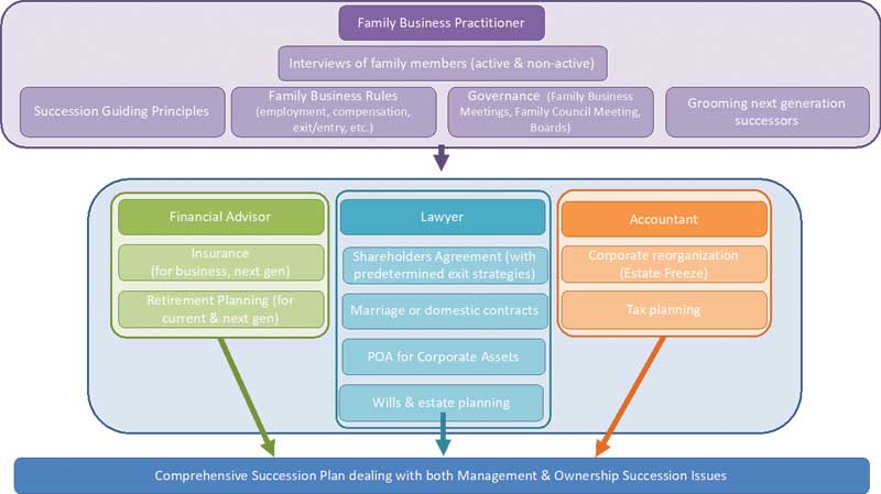 Figure 2: To put a comprehensive and cohesive plan in place, a lawyer, accountant, financial advisor, and family business practitioner need to work together to ensure all items are in sync.