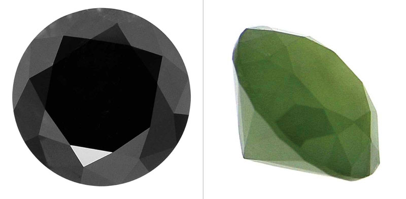Photos courtesy New Sun Design Group Figure 1: Standard round brilliant-cut black diamond by Fawaz Gruosi (left) and standard round brilliant-cut nephrite jade (trademarked ‘Jade Diamond’) by Hesse (right). Photos courtesy New Sun Design Group