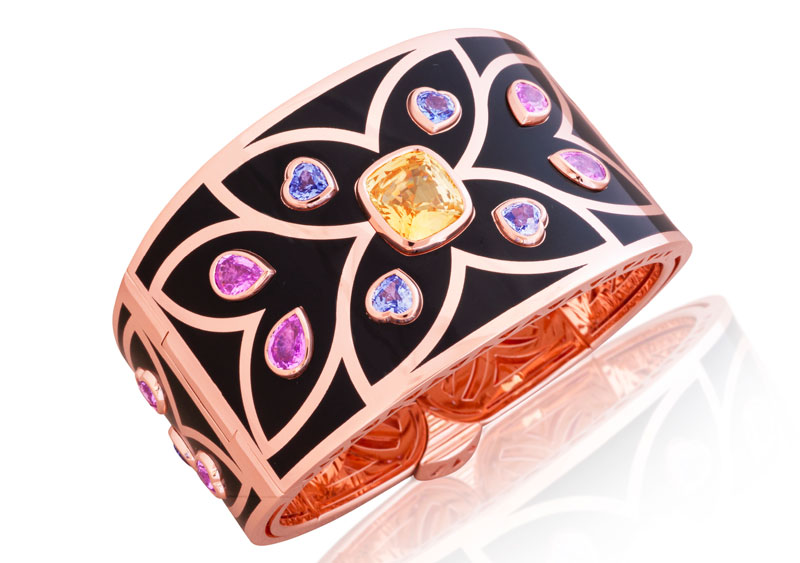 Photo courtesy Picchiotti Picchiotti is among the 16 fine jewellery brands set to come together as part of Haute Jewels Geneva this spring. Pictured is an 18-karat rose gold cuff bracelet, featuring black ceramic, 8.46-carat cushion yellow sapphire centre stone, oval blue sapphires (2.87 ctw), heart-shape blue sapphires (2.41 ctw), heart-shape pink sapphires (4.24 ctw), and pear-shape pink sapphires (3.24 ctw). Photo courtesy Picchiotti