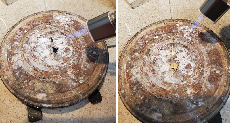 <b>Figure 7:</b> To help determine when your piece of sterling silver is at the correct annealing temperature, try tagging the metal with permanent marker. When the marker disappears, this signals the piece is fully annealed.