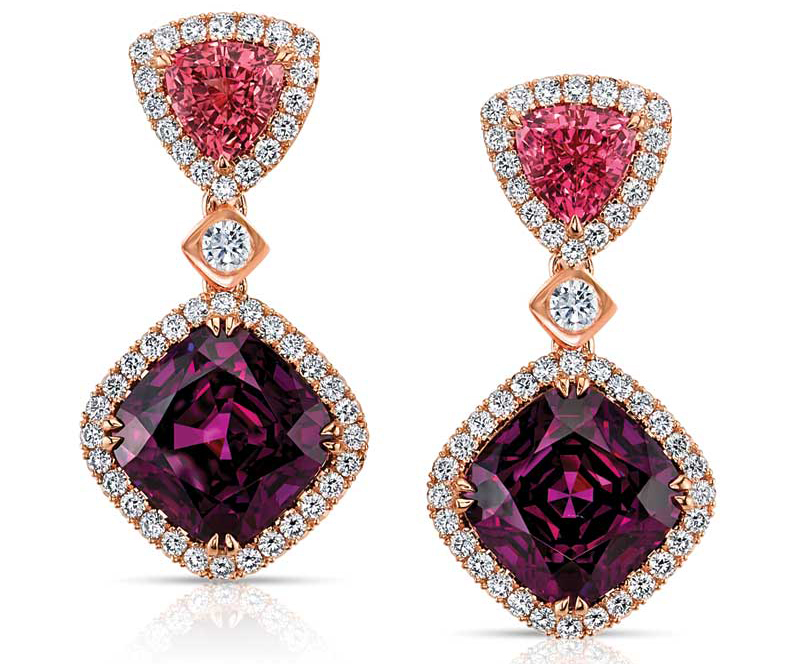 18-karat rose gold earrings by Omi Privé, featuring cushion purple garnets (8.44 ctw), accented by trillion-cut pink spinel (1.37 ctw) and round diamonds (0.80 ctw). Photo courtesy Omi Privé