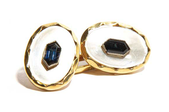 18-karat yellow gold cufflinks by Vancouver’s Grimson & Sons, featuring blue sapphires and mother-of-pearl tablets. Photo by Jamie Mann