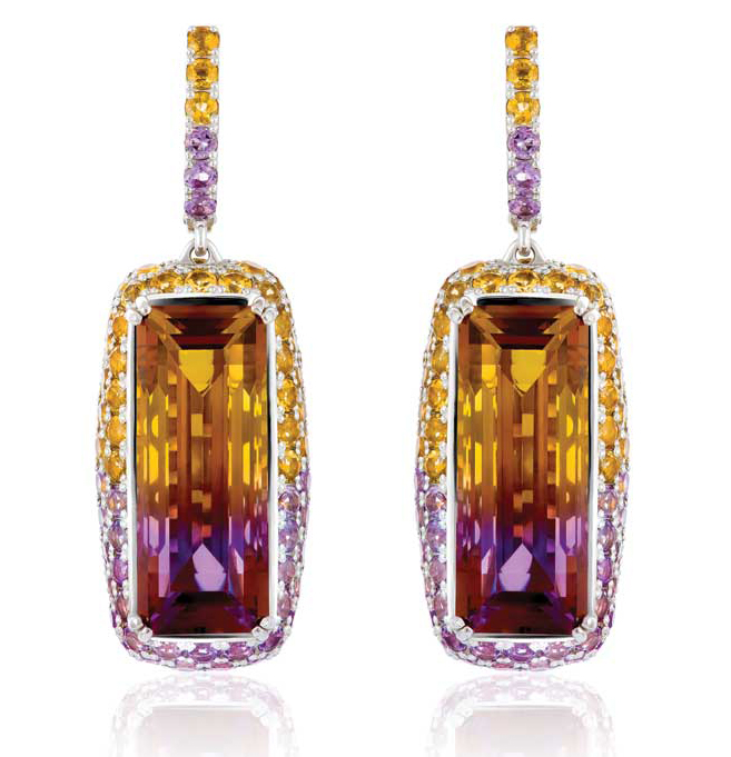 Ametrine, a bi-colour purple and yellow quartz found in Bolivia, showcases a combination of hues observed in amethyst and citrine quartz. Pictured here are ametrine earrings with citrine and amethyst side stones. Photos courtesy GSI