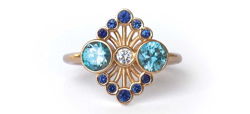 Ring by Montréal’s Lico Jewelry, featuring natural blue zircons, diamond, and blue sapphires. Photo by Lico Jewelry