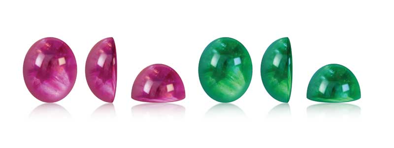 Figure 2: Pink sapphire and emerald cabochons. These sapphires are too pink to be called ‘ruby.’