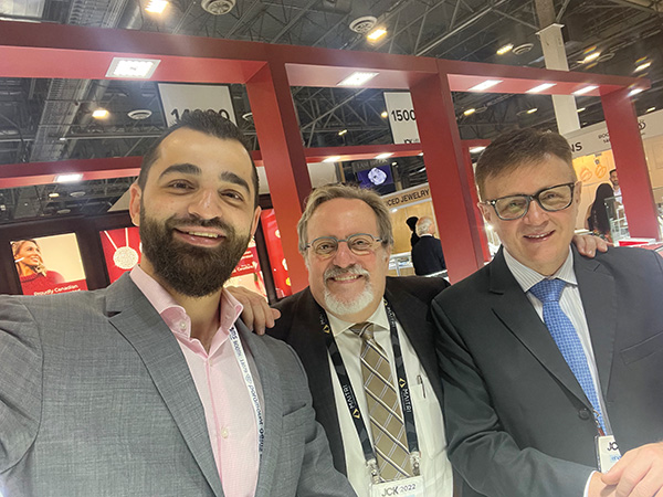 ‘Young Moe,’ Bruce Audley, and Giovanni Vaccaro, owner of Beverly Hills Jewellers, at this year’s JCK Las Vegas show. Photo courtesy Bruce Audley