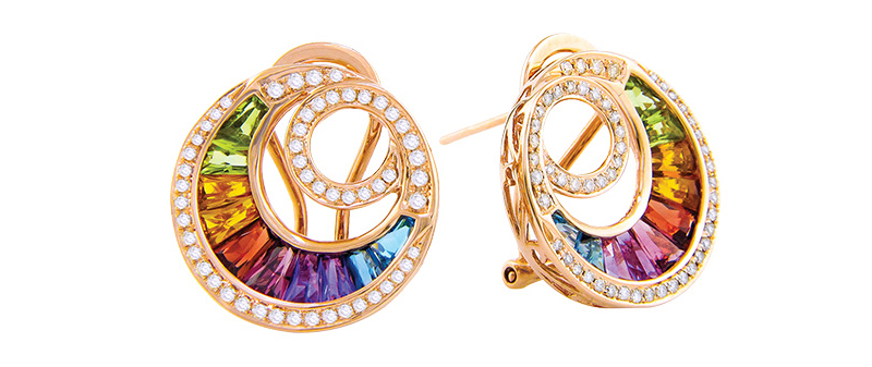 14-karat rose gold earrings from Bellarri’s ‘Malibu Wave Collection,’ featuring graduated channel-set multi-colour gemstones.