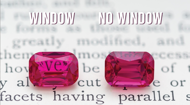 Compare these two nearly identical stones: the one on the left is cut with incorrect angles for the material. Notice the middle of the stone shows a ‘window’ that does not reflect any colour.