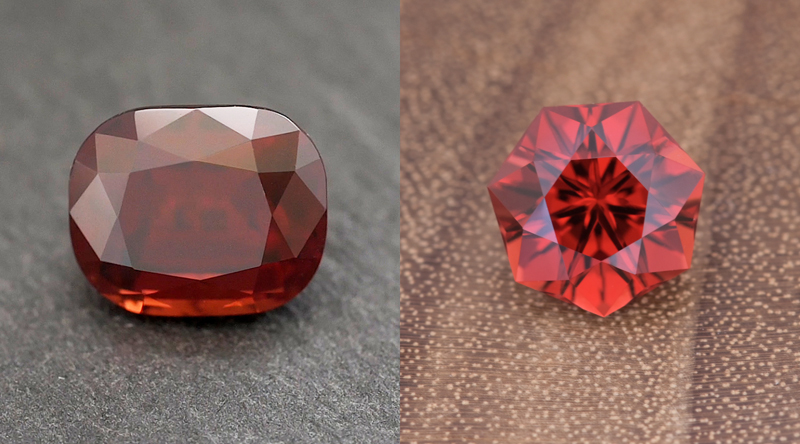On the left, a zircon cut in a traditional cushion shaped mixed cut. On the right, a garnet cut in a modern, custom brilliant style. (Stones cut and photographed by Justin K. Prim.)
