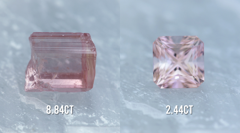 On the left, the pink tourmaline looks dull, dark, and irregular. The rough stone does not sparkle or shine. On the right, we can see the cutter has created a symmetrical shape with a pattern.