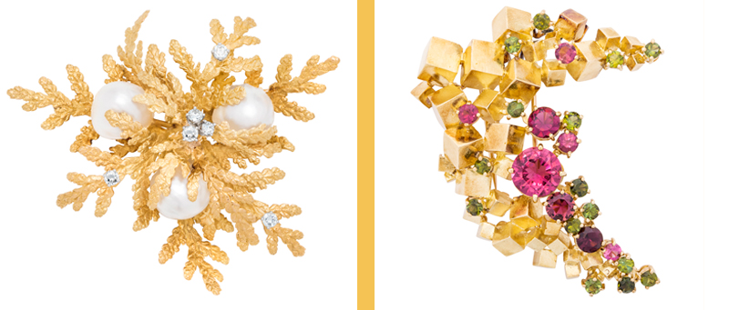 1970s naturalistic brooch by Birks (left), and 1970s handmade brooch (right). Photos courtesy Dupuis Fine Jewellery Auctioneers