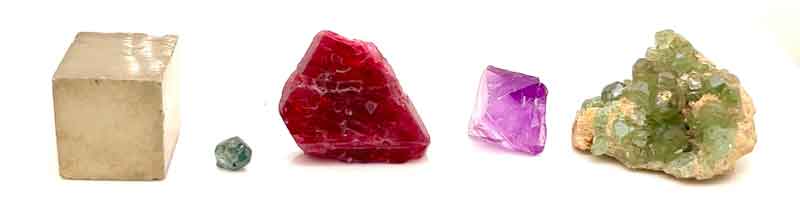 From left: Pyrite, diamond, spinel, fluorite, and garnet from the cubic crystal system. Photos courtesy Rippana, Inc.