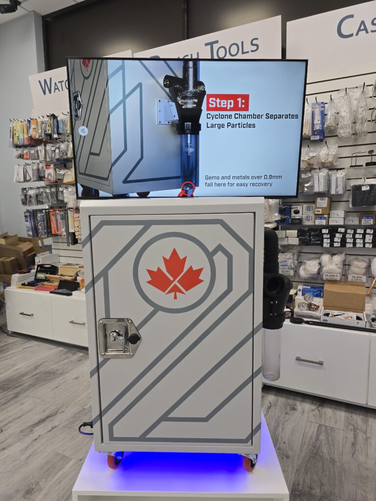 The apparatus is a large rectangular box with a tv screen displaying the apparatus' functionality.