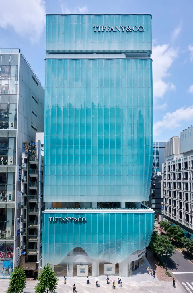 Exterior of the blue and white facade of Tiffany's Tokyo flagship store.