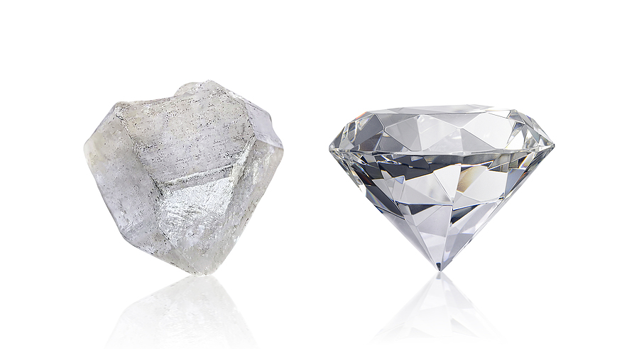 Diamond before and after, uncut on white background