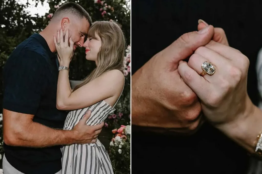 A white male and a white female embrace, with another angle showing a close-up of an engagement ring.