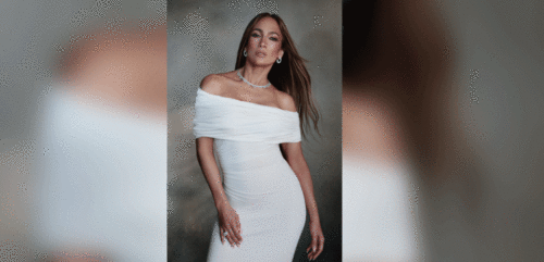 Jennifer Lopez pictured wearing necklace, earrings, and ring from the Zen Diamond collection.