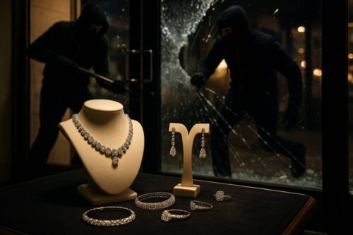 Two people breaking into a jewellery store.