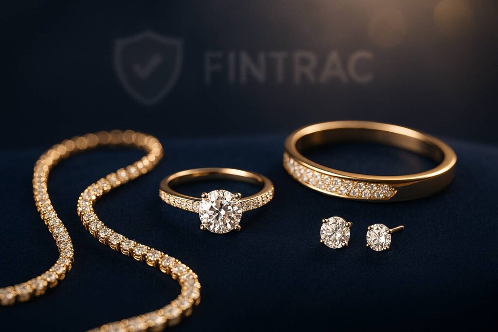 gold jewellery with a FINTRAC logo
