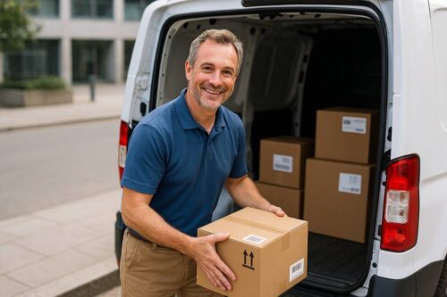Delivery man carrying small box