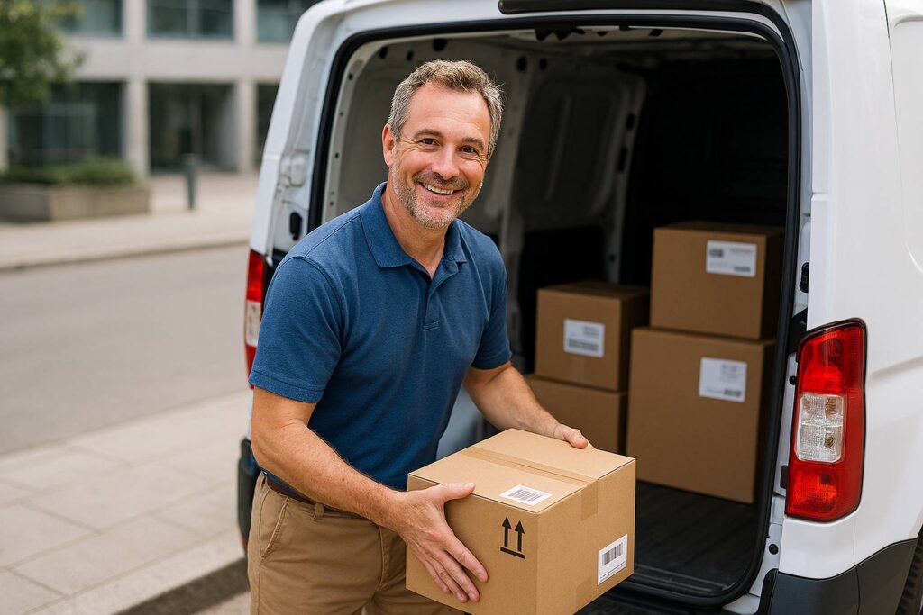 Delivery man carrying small box