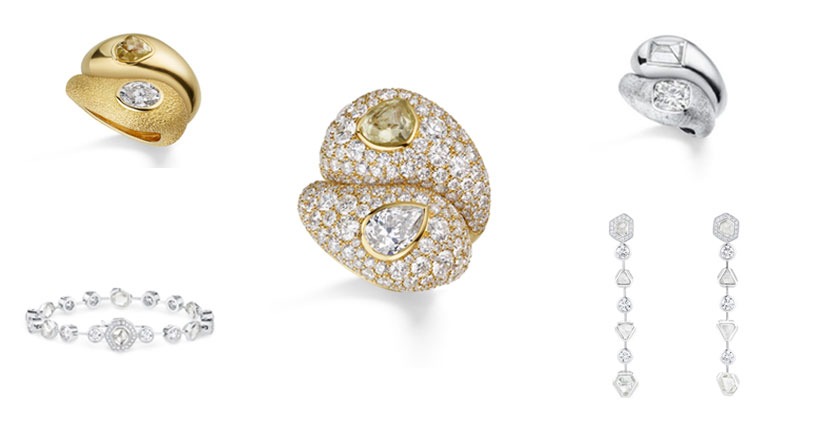 diamond jewellery collage of gold and silver rings, a bracelet, and earrings.