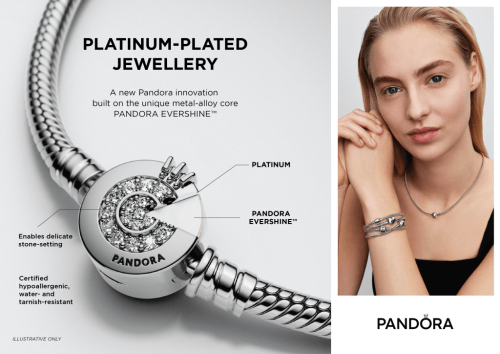 A split photo showing a close-up platinum-plated bracelet and a model wearing Pandora bracelets and a necklace.