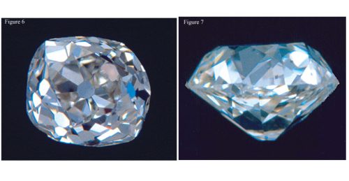 Face-up view and side-view of old mine-cut diamond.