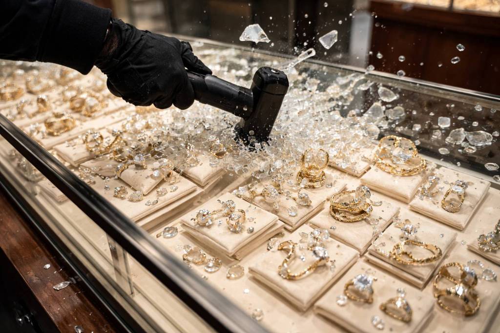 hammer being smashed into display case in jewellery store