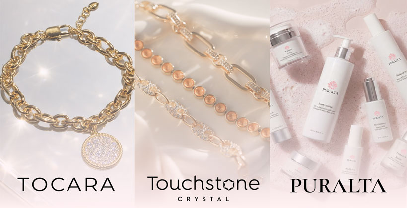jewellery and skincare products with brand name at the bottom