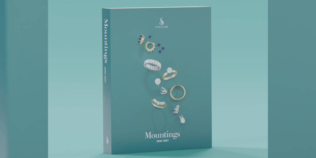 Catalogue titled “Mountings 2026-2027” by Stuller featuring various gold and gemstone jewellery ring mountings on the cover.