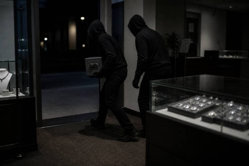 burglars stealing a safe in a dim-lit jewellery store
