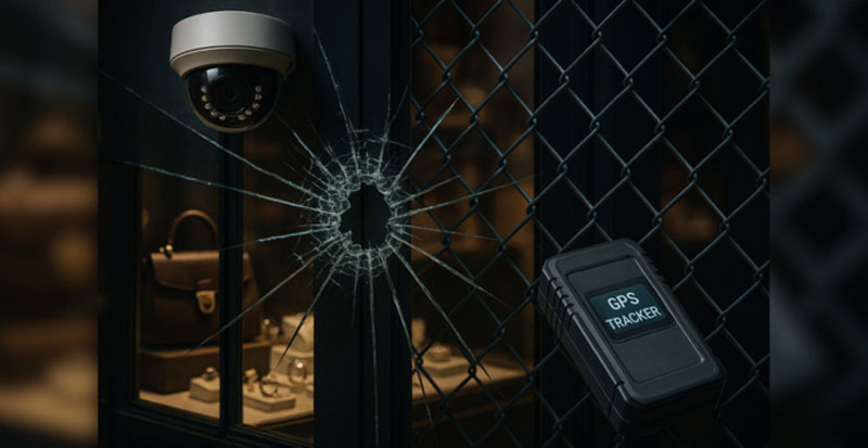 a security dome camera is mounted above a shattered glass storefront, showing a central impact hole with spiderweb fractures