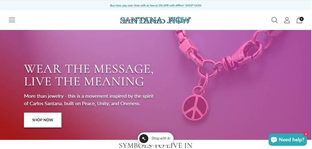 screenshot of santana now homepage with pink graphic