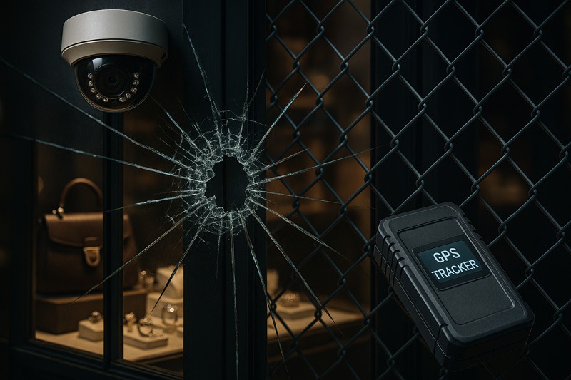 a security dome camera is mounted above a shattered glass storefront, showing a central impact hole with spiderweb fractures