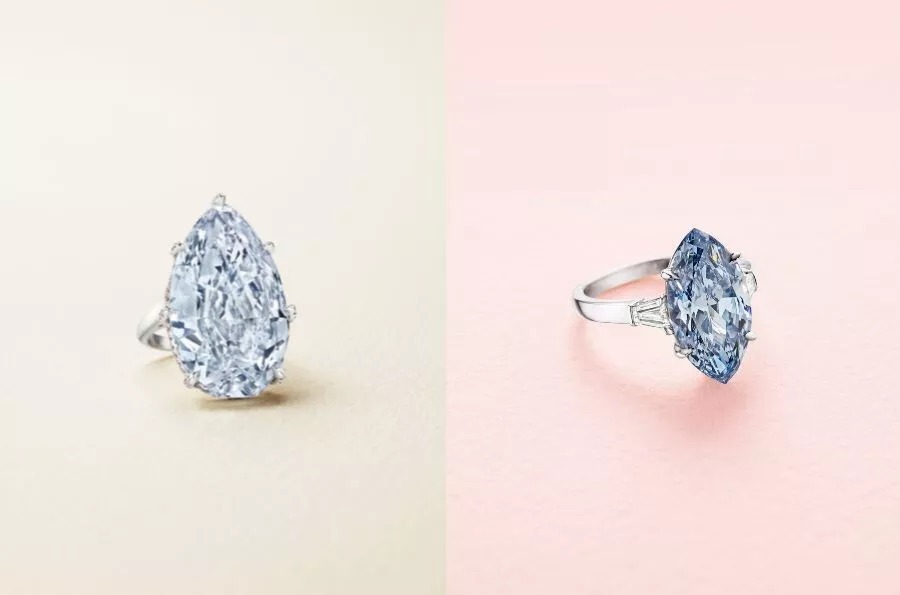 The Azure Blue, a 31.62-carat Fancy Blue Diamond on one side and a 5.04-carat Fancy Vivid Blue marquise-cut stone on the other.