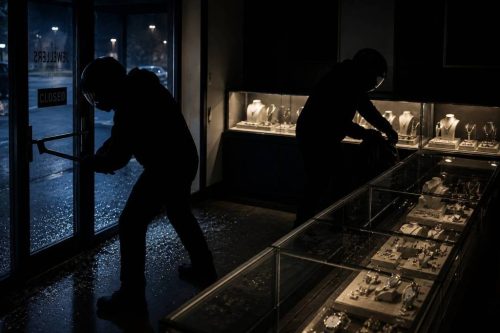 Silhouetted figures wearing motorcycle helmets stand inside a dark jewellery store during a staged representation of a break-in.
