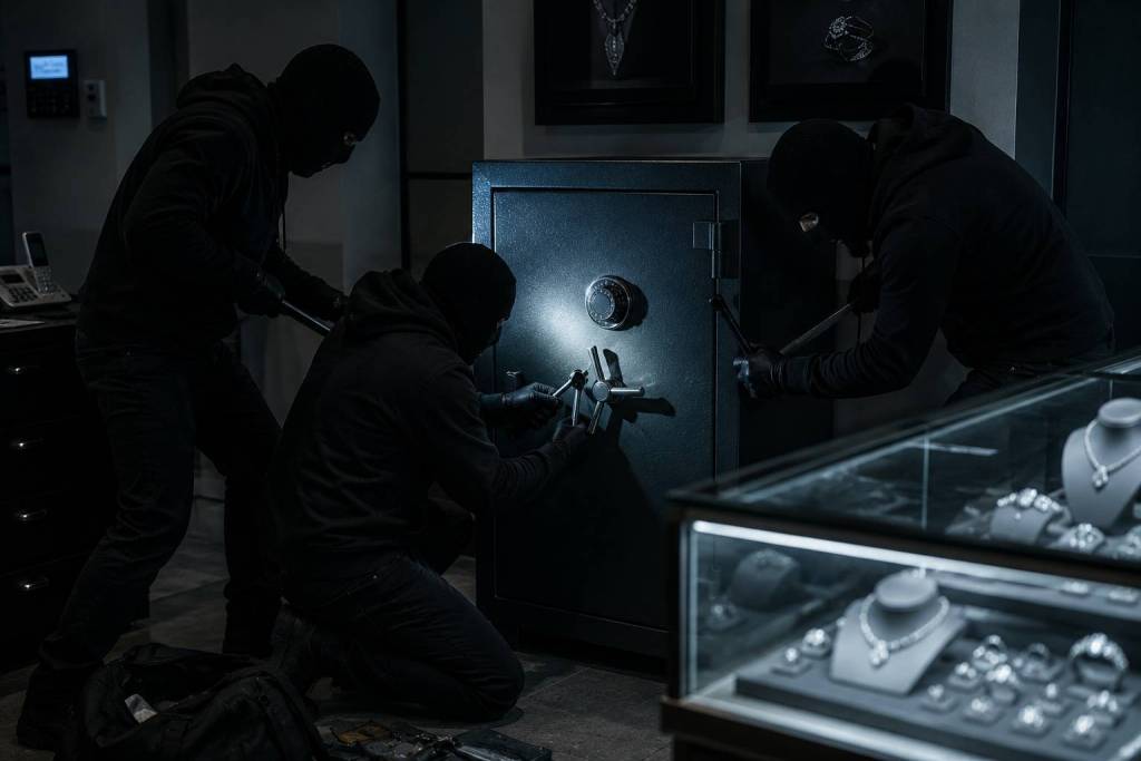 An AI generated image of burglars attempting to open a safe in a jewellery store.