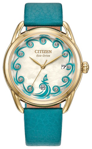 Citizen Eco-Drive watch with gold-tone case and teal leather strap. The mother-of-pearl dial features a teal swirling wave pattern with crystal accents around the edge, a date window at 3 o'clock, and a small wave/hook-shaped second hand design.