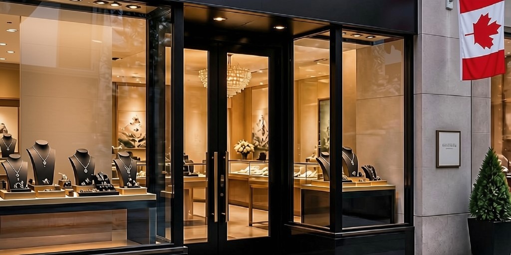 An exterior rendering of a storefront in Canada with the Canadian flag hanging off the side.