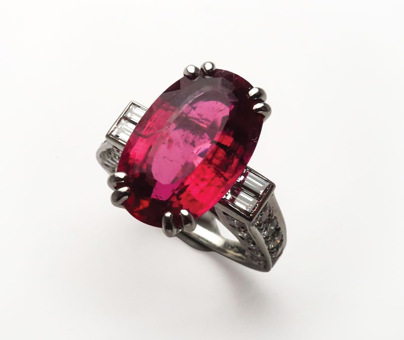 A platinum, rubellite tourmaline, and diamond ring, ca. 1990.