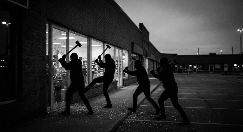 A black-and-white image capturing the silhouetted figures of four suspects attempting to break through the glass doorway of a strip-plaza storefront with sledgehammers early in the morning.