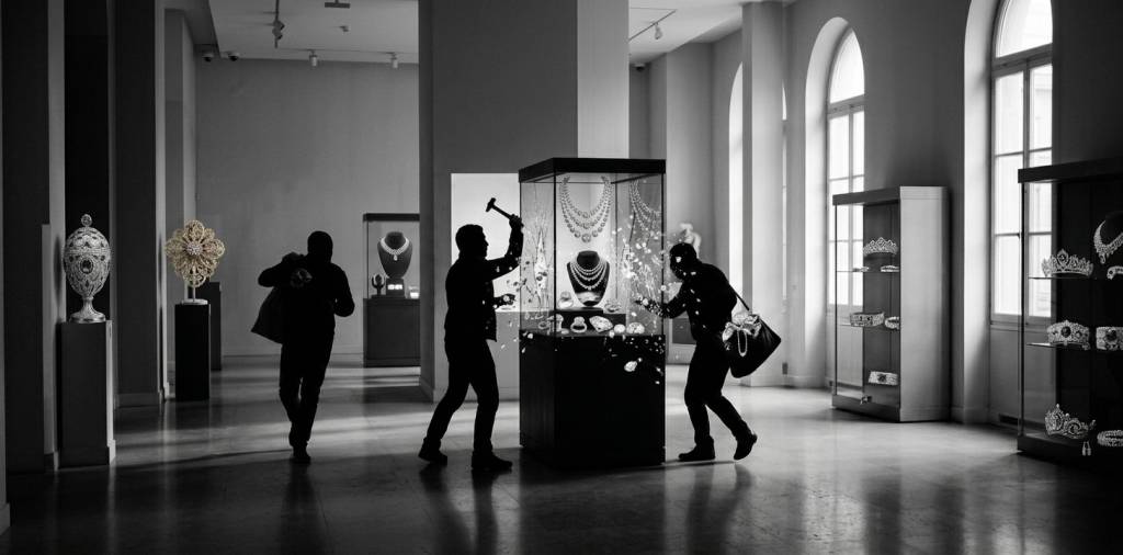 A silhouetted image of people breaking into display cases.