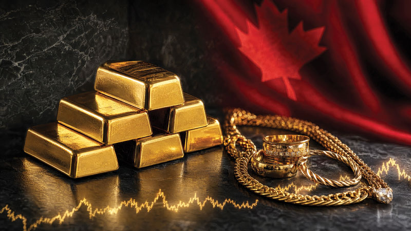 A stack of gold bars beside gold chains and rings, with a red Canadian flag in the background and a glowing price-chart line across the surface.