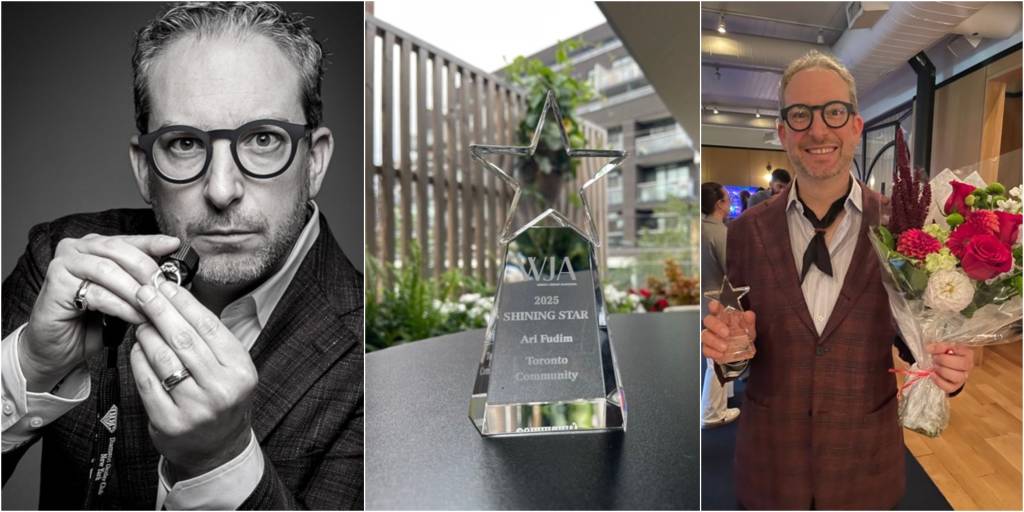 Ari Fudim examining a ring with a loupe, his WJA 2025 Shining Star trophy, and Ari holding the trophy and flowers.