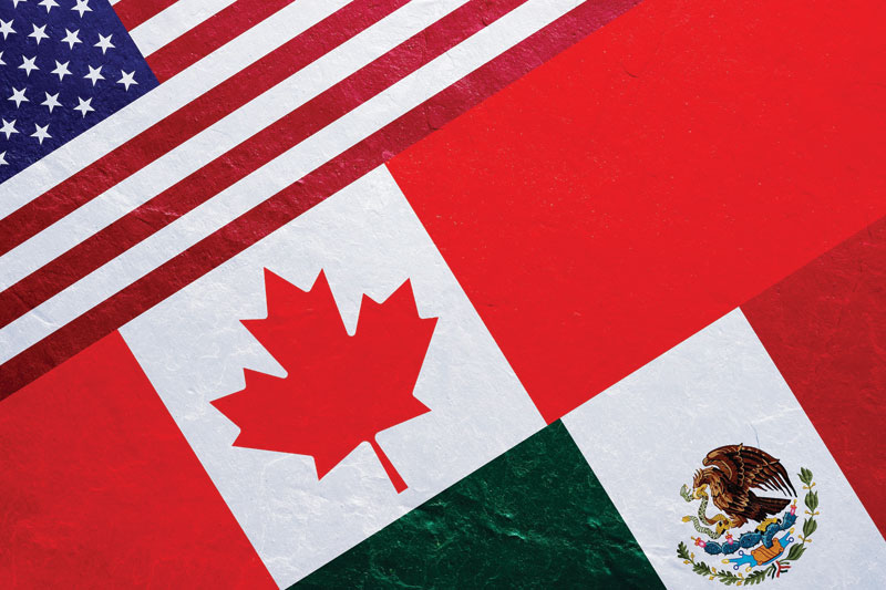 The flags of the United States, Canada, and Mexico overlapping diagonally in a textured, stylized composition.