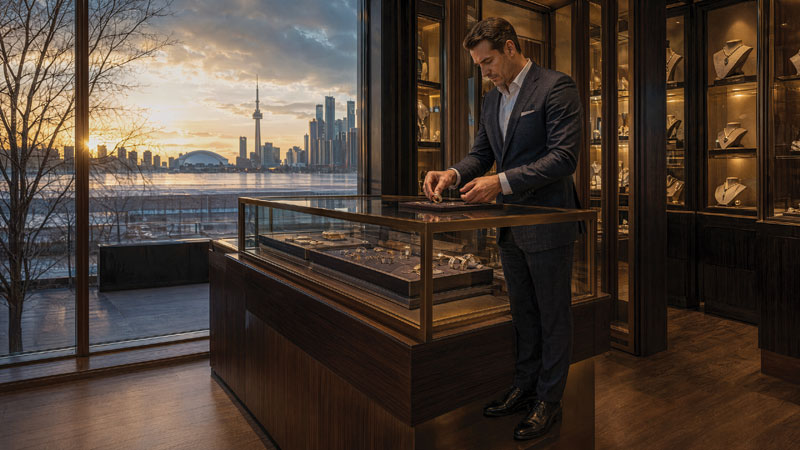 A man in a navy suit arranges jewellery in a glass display case in a boutique, with the Toronto skyline and CN Tower glowing at sunset through the window behind him.